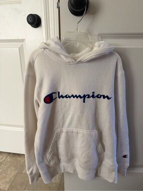 Champion White Hoodie with Navy & Red Script Logo